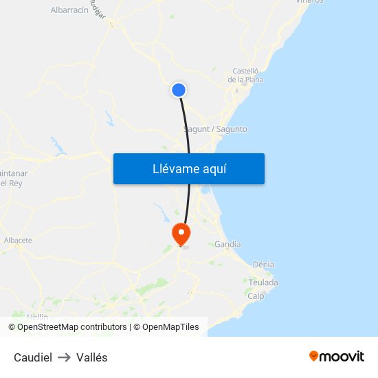 Caudiel to Vallés map