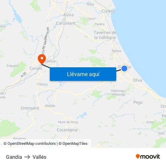 Gandia to Vallés map