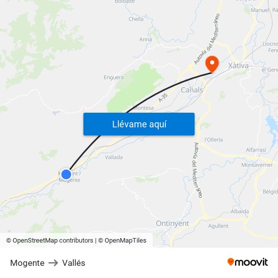 Mogente to Vallés map