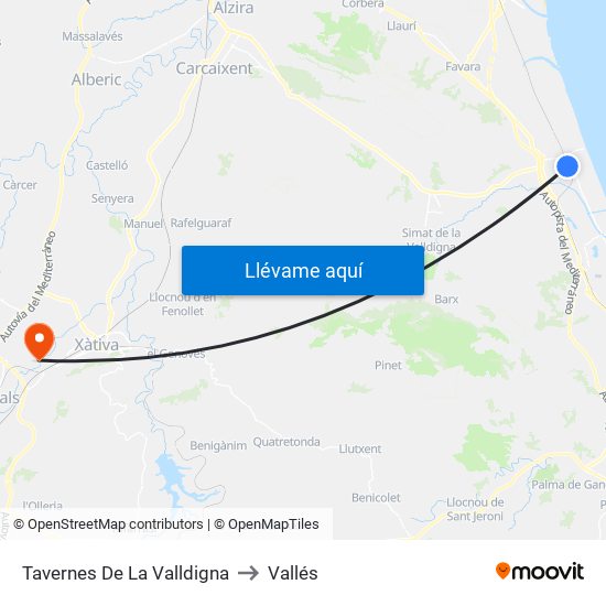 Tavernes De La Valldigna to Vallés map