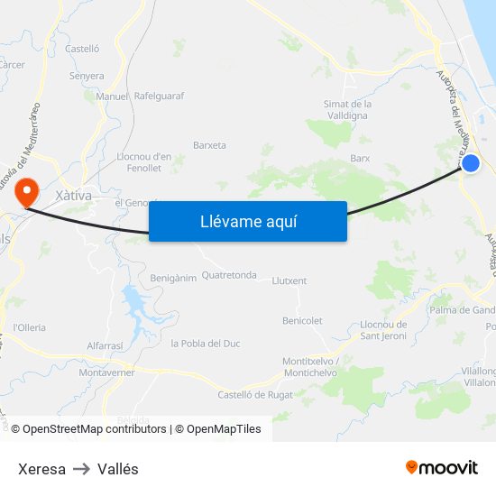 Xeresa to Vallés map