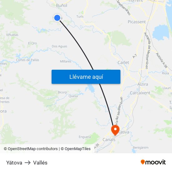 Yátova to Vallés map
