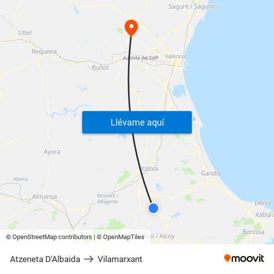 Atzeneta D'Albaida to Vilamarxant map
