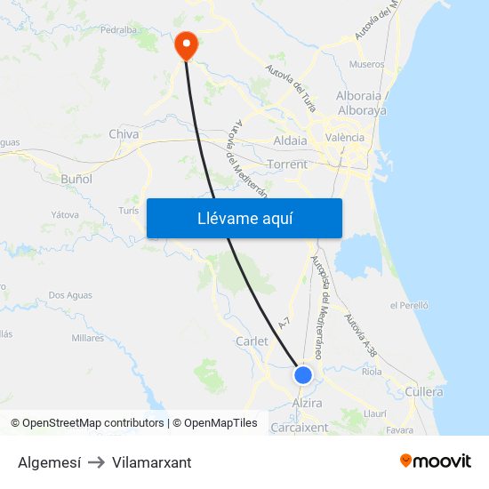 Algemesí to Vilamarxant map