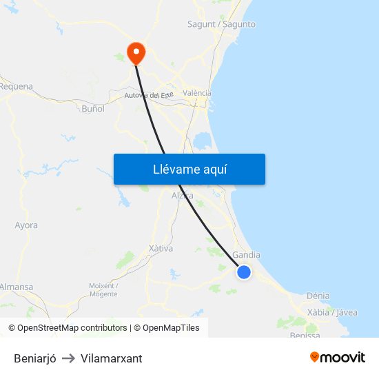 Beniarjó to Vilamarxant map