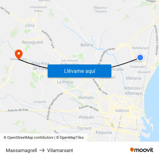 Massamagrell to Vilamarxant map