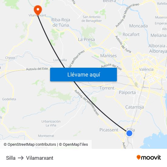 Silla to Vilamarxant map