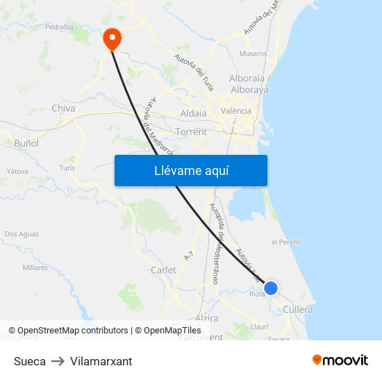 Sueca to Vilamarxant map