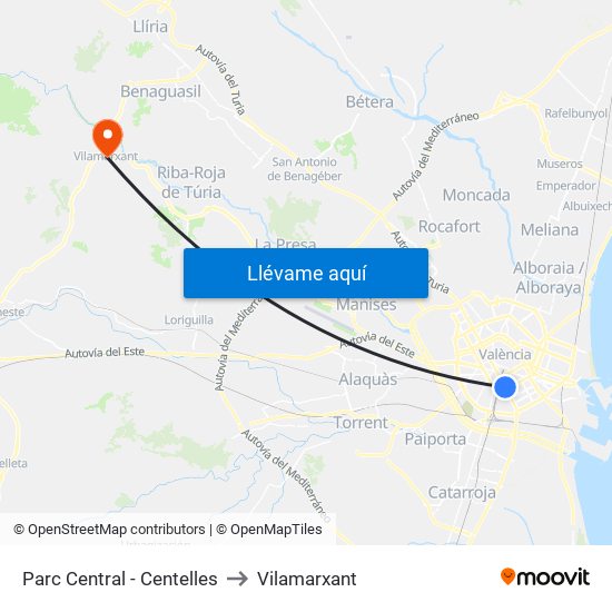 Parc Central to Vilamarxant map