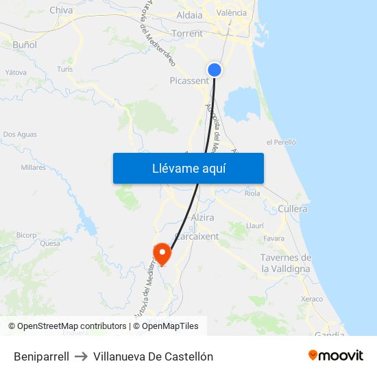 Beniparrell to Villanueva De Castellón map