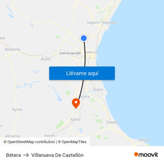 Bétera to Villanueva De Castellón map
