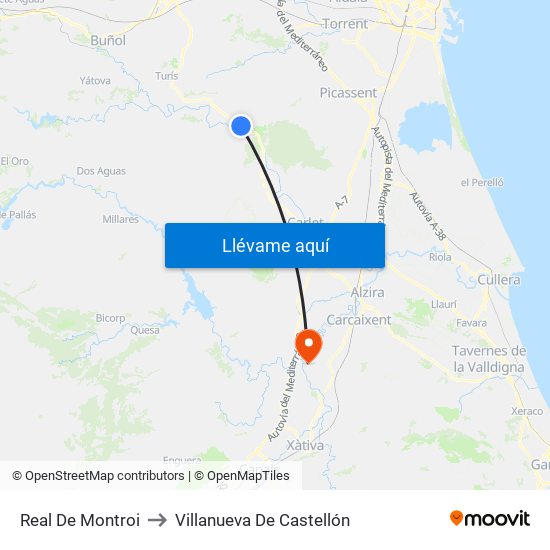 Real De Montroi to Villanueva De Castellón map
