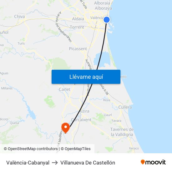 València-Cabanyal to Villanueva De Castellón map