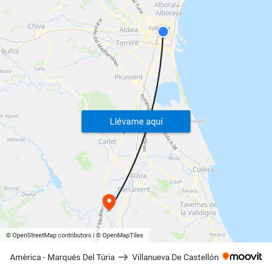 Amèrica - Marqués Del Túria to Villanueva De Castellón map