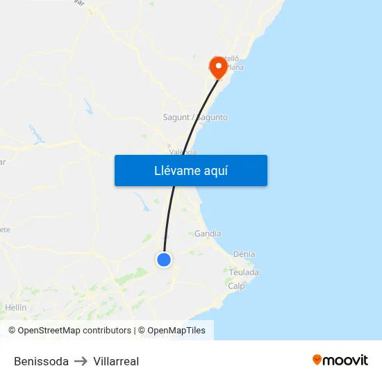 Benissoda to Villarreal map