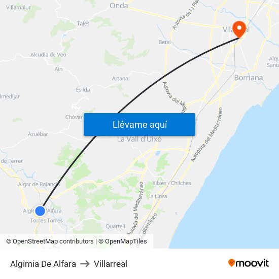 Algimia De Alfara to Villarreal map