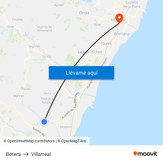 Bétera to Villarreal map