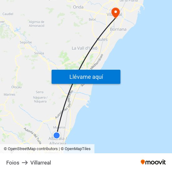 Foios to Villarreal map