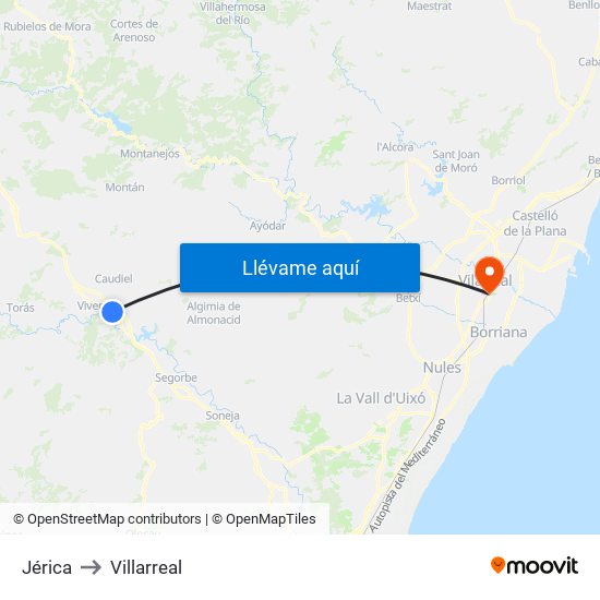 Jérica to Villarreal map