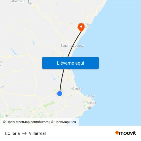 L'Olleria to Villarreal map