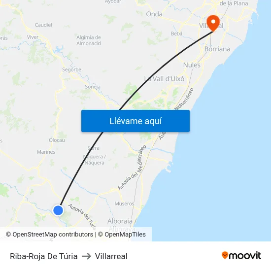 Riba-Roja De Túria to Villarreal map