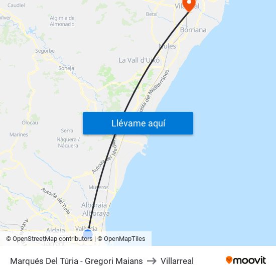 Marqués Del Túria - Gregori Maians to Villarreal map