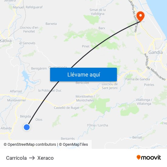 Carrícola to Xeraco map