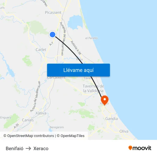 Benifaió to Xeraco map