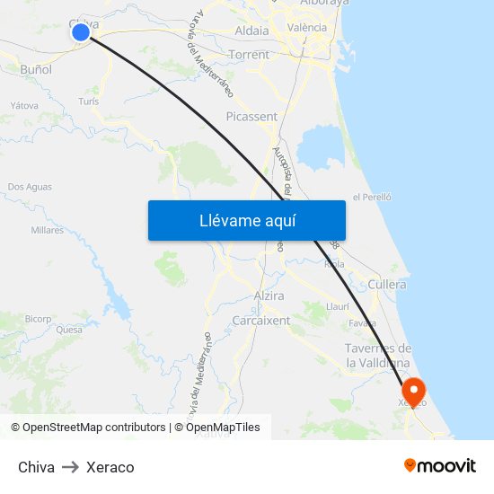 Chiva to Xeraco map