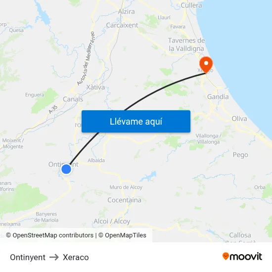 Ontinyent to Xeraco map