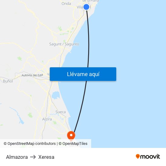 Almazora to Xeresa map