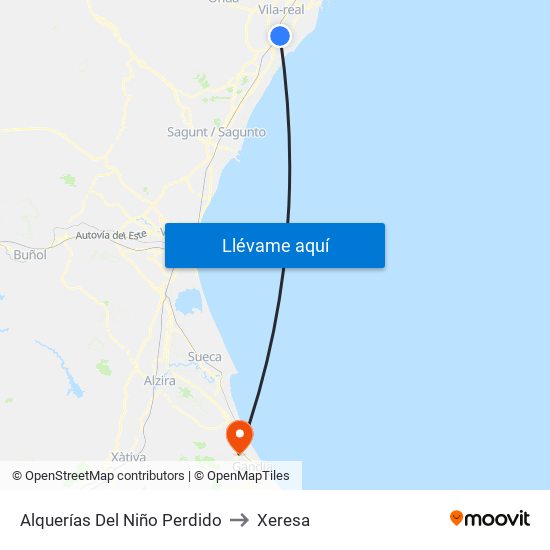 Alquerías Del Niño Perdido to Xeresa map