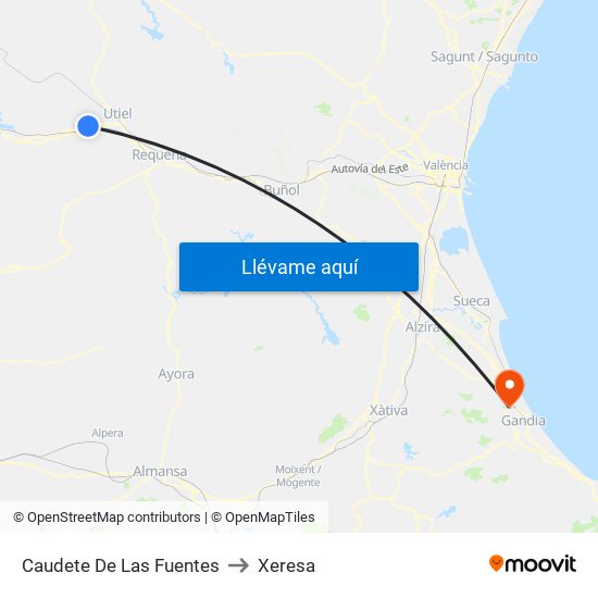 Caudete De Las Fuentes to Xeresa map