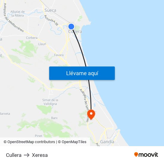 Cullera to Xeresa map