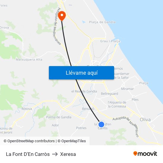 La Font D'En Carròs to Xeresa map