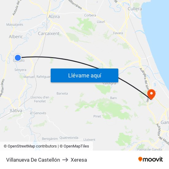 Villanueva De Castellón to Xeresa map