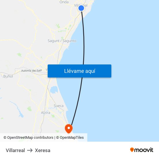 Villarreal to Xeresa map