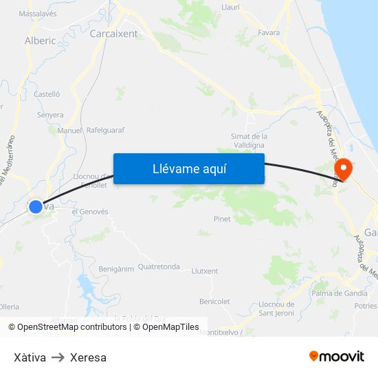 Xàtiva to Xeresa map