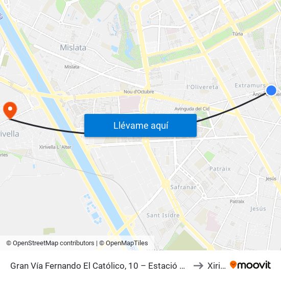 Gran Vía Fernando El Católico, 10 – Estació Metro Ángel Guimerá [València] to Xirivella map
