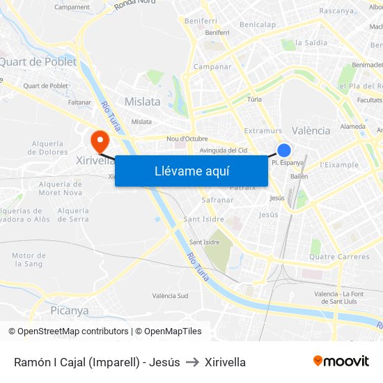 Ramón I Cajal (Imparell) - Jesús to Xirivella map