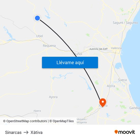 Sinarcas to Xàtiva map