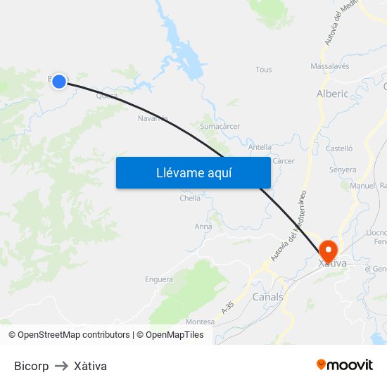 Bicorp to Xàtiva map