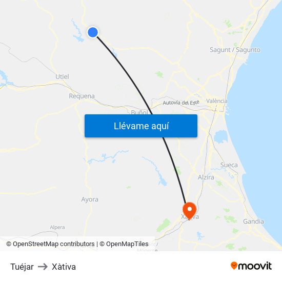 Tuéjar to Xàtiva map