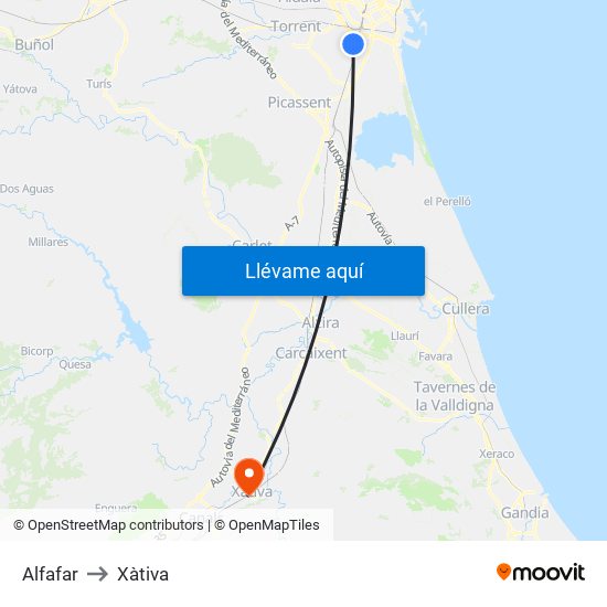 Alfafar to Xàtiva map