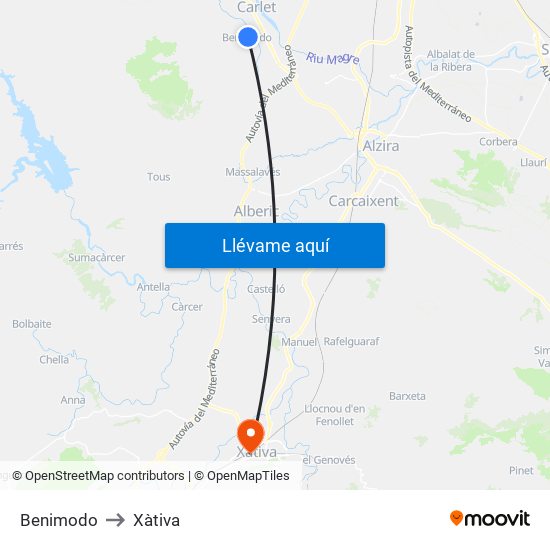 Benimodo to Xàtiva map