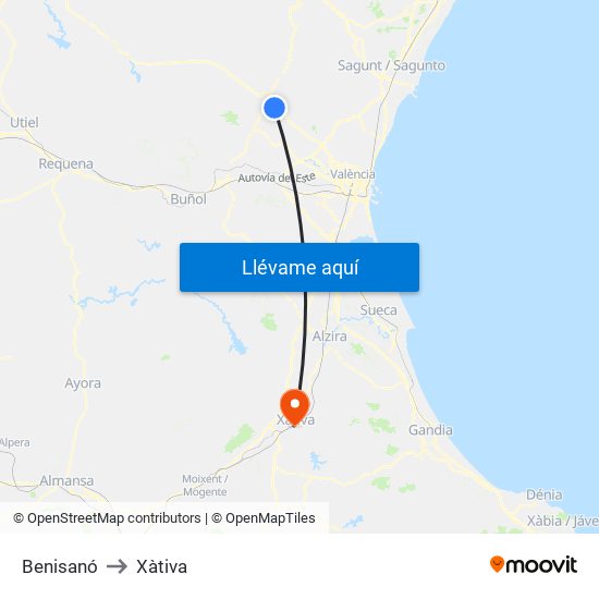 Benisanó to Xàtiva map