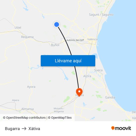 Bugarra to Xàtiva map