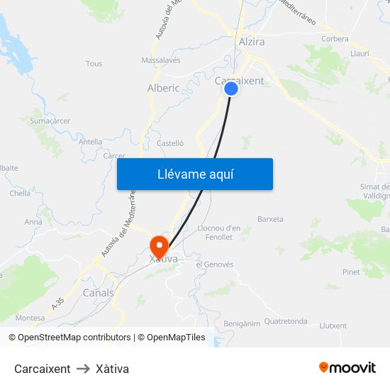 Carcaixent to Xàtiva map