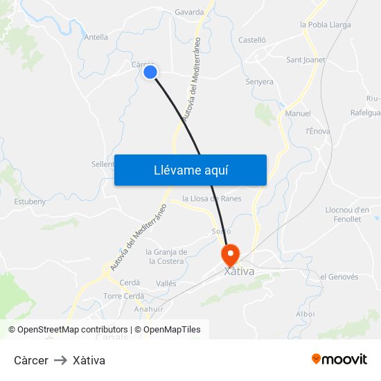 Càrcer to Xàtiva map
