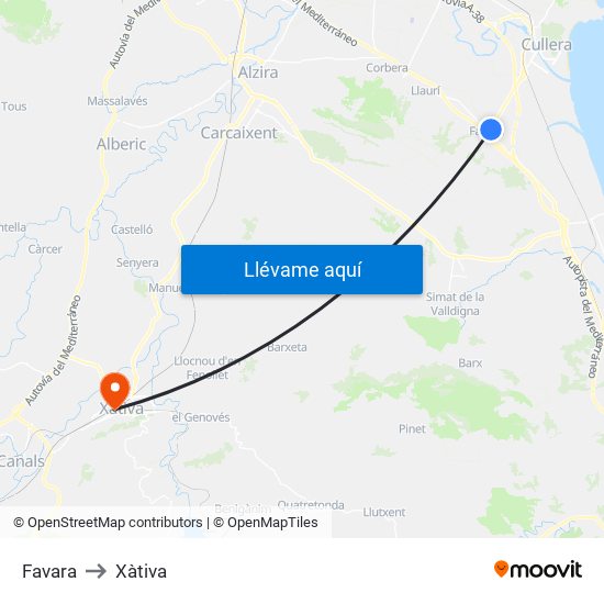 Favara to Xàtiva map